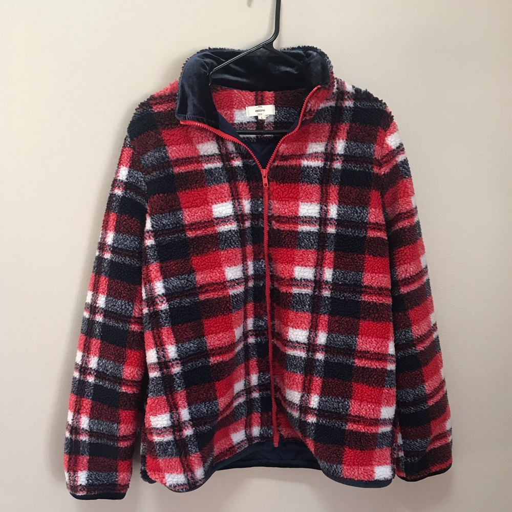 Navy and Red Plaid Sherpa Zip Up